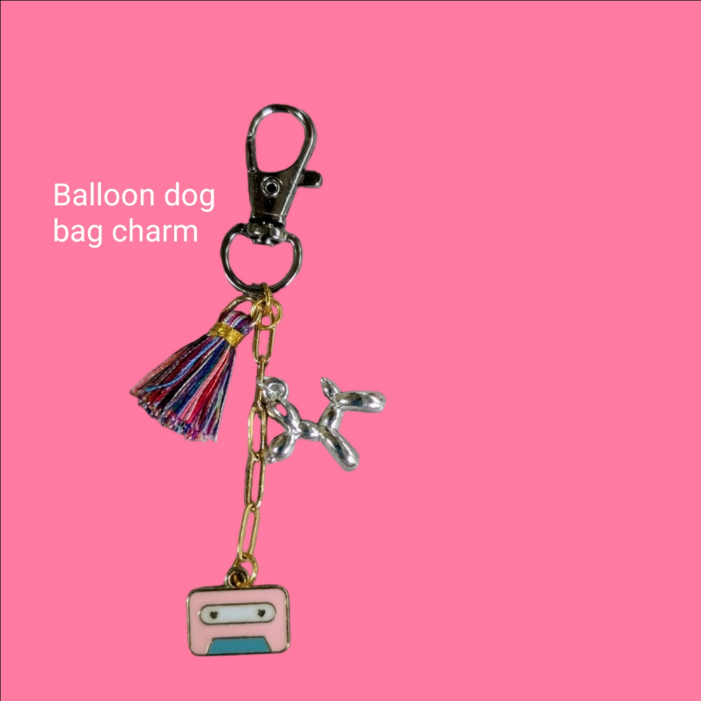 Colorful Tassel and Silver Balloon Dog Bag Charm - Picture 2 of 3